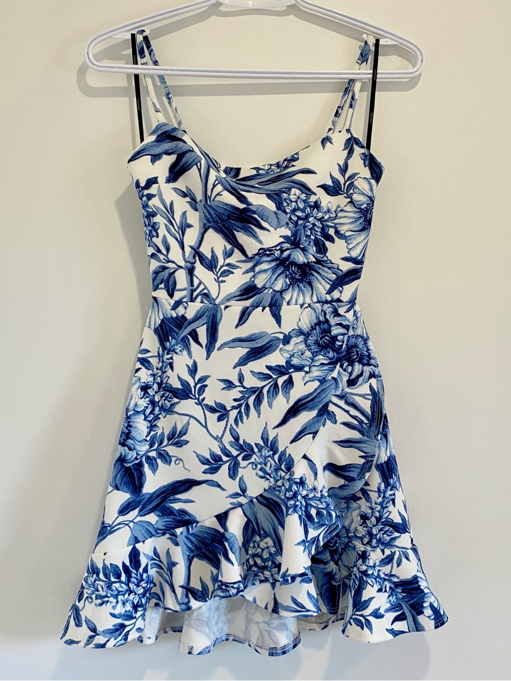 F21 White Mini Dress with Blue Floral Print and Ruffle Hem